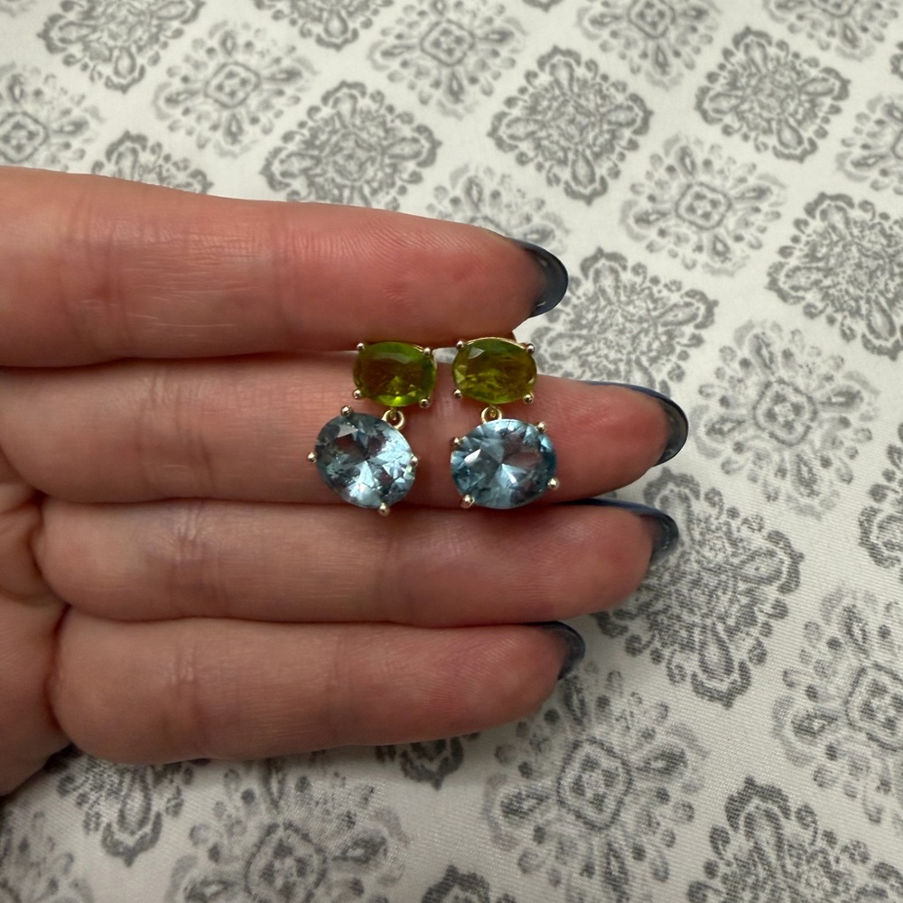 .925 Sterling Silver Gold Plated Blue and Green Drop Earrings